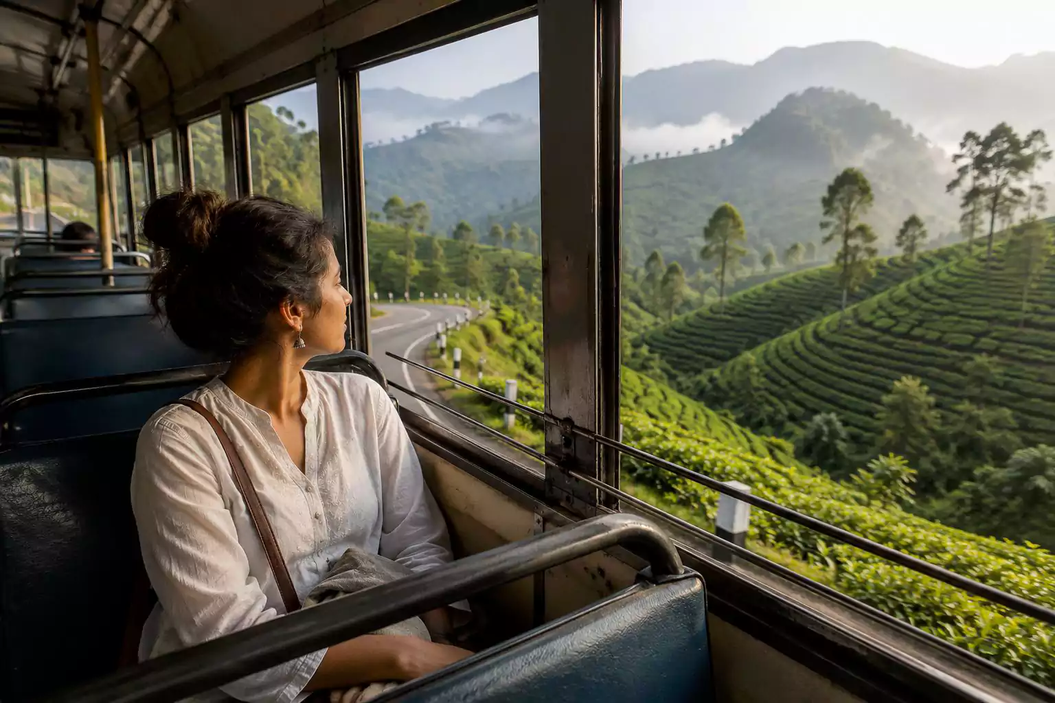 Woman traveller enjoying free public bus travel through the tea gardens of Munnar in Kerala aboard a Kerala state transport bus