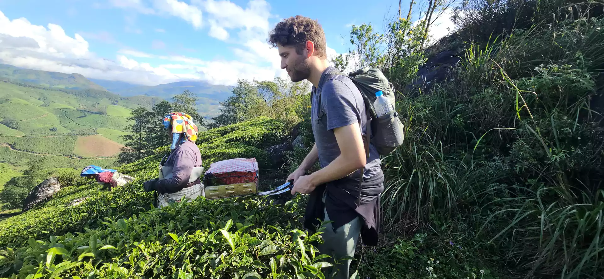 Tea picker allows tourist to cut leaves on a Munnar plantation